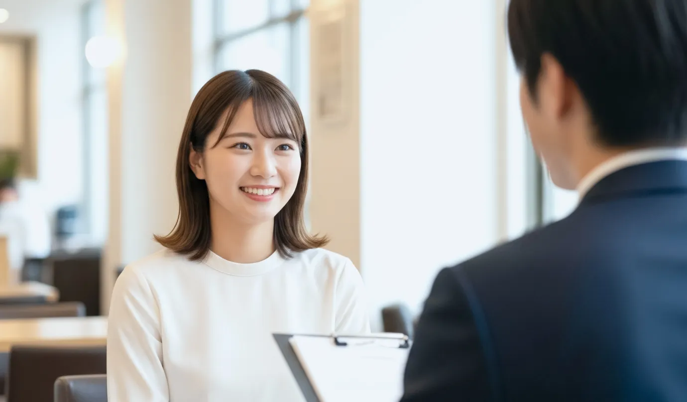 面接で応募者と面接官が話している様子を映した写真